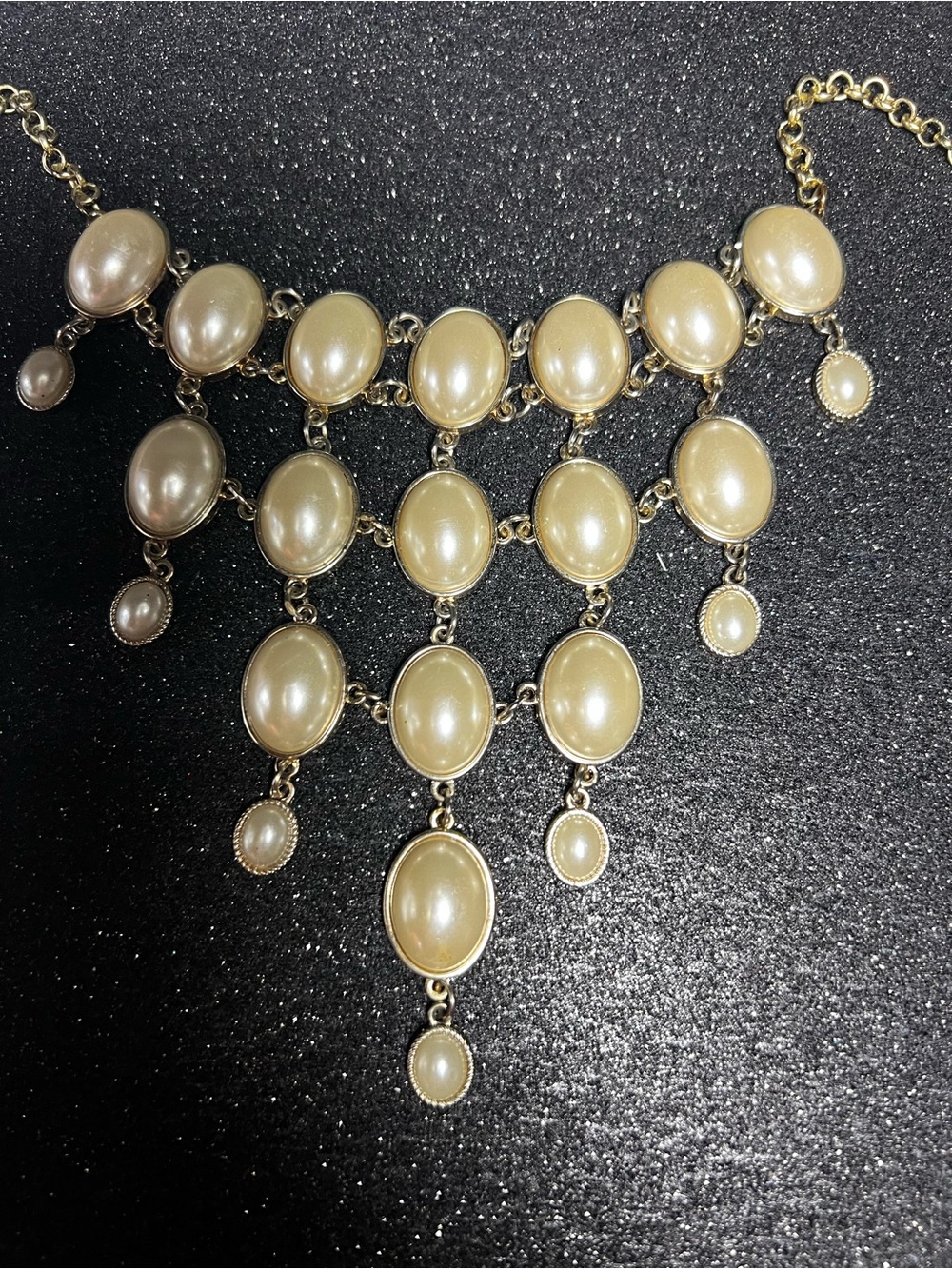 Vintage Gold Tone Faux Pearl Cascading Bib Statement Necklace